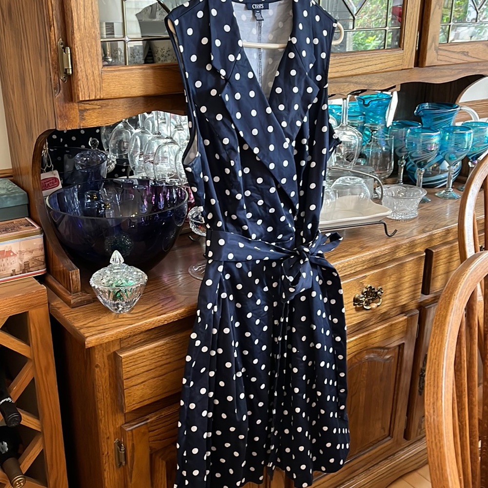 Chaps Navy Blue and White Polka Dot Collared Dress with Sash 18W- Cotton!